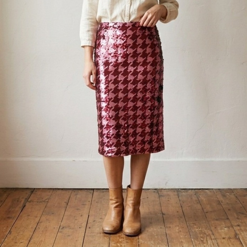Anthropologie Maeve Womens Skirt 12 Red Pink Sequin Houndstooth Pencil Glam